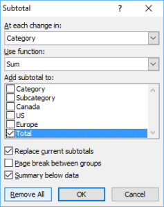 Excel remove all button in Subtotal dialog box.