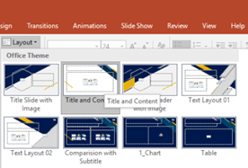 Slide layouts drop-down menu in Normal View in PowerPoint.