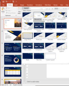Slide layouts in PowerPoint in drop-down menu to apply slide numbers.