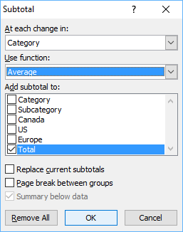 Replace current subtotals button unchecked in Excel Subtotal dialog box.