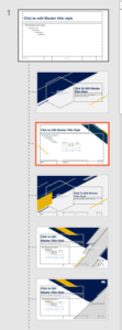 Slide master view in PowerPoint with thumbnails of layouts on the left.