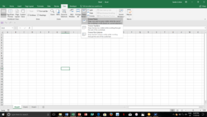 Freeze panes drop-down menu in Excel on the View tab in the Ribbon.