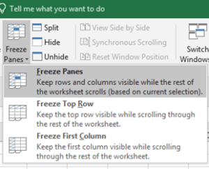 Freeze panes option in Ribbon in Excel