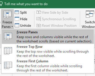 Freeze panes menu on the View tab in the Ribbon in Microsoft Excel.
