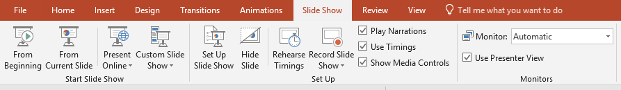 Slide Show tab in the Ribbon in PowerPoint to turn presenter view off or on.