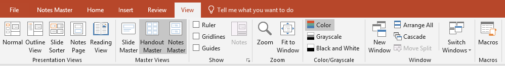 View tab in the Ribbon in Microsoft PowerPoint with Notes Master button.
