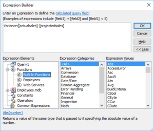 Microsoft Access Expression Builder to create calculated fields in a query.