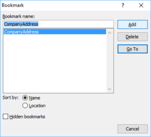 Bookmark dialog box in Microsoft Word to use as destination for hyperlinks.