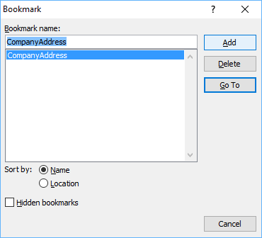 Bookmark dialog box in Microsoft Word to insert hyperlink in the current document.