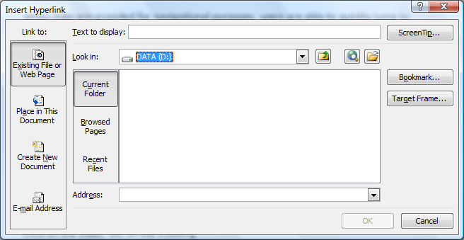 Hyperlink dialog box in Microsoft Word to insert or remove link to existing web page or file.
