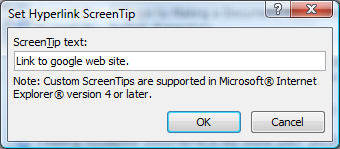 Screen tip dialog box in Microsoft Word for hyperlinks.