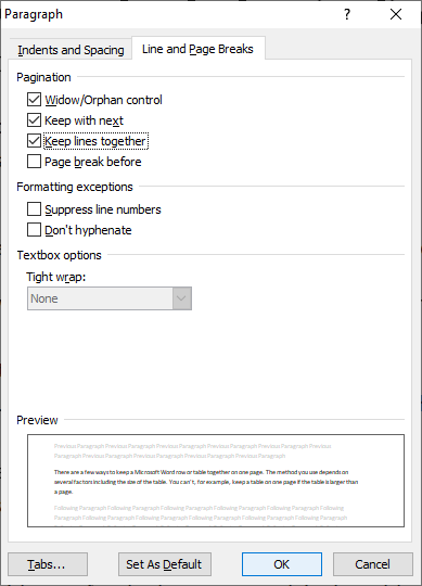 Microsoft Word Paragraph dialog box with Line and Page Breaks tab selected to keep a table together. on one page