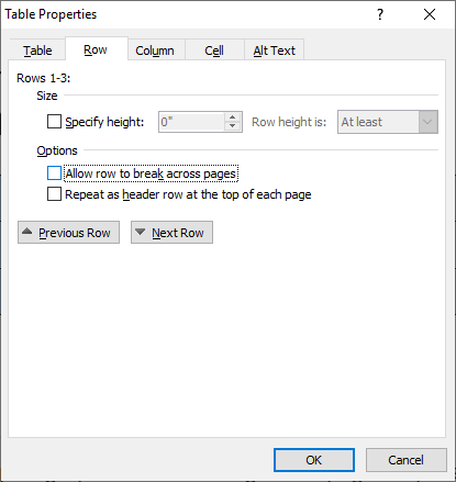 Table properties dialog box in Microsoft Word with row tab selected to keep a Word table on one page and stop if breaking across pages.