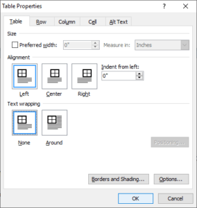 Microsoft Word table properties dialog box with Table tab selected.