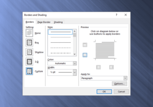 Insert a line in Word represented by borders and shading dialog box.