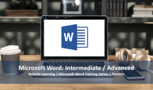 Microsoft Word Intermediate Advanced training course Toronto. Word icon in laptop.