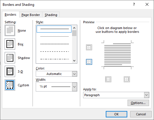 Insert lines in Word using Borders and Shading dialog box.