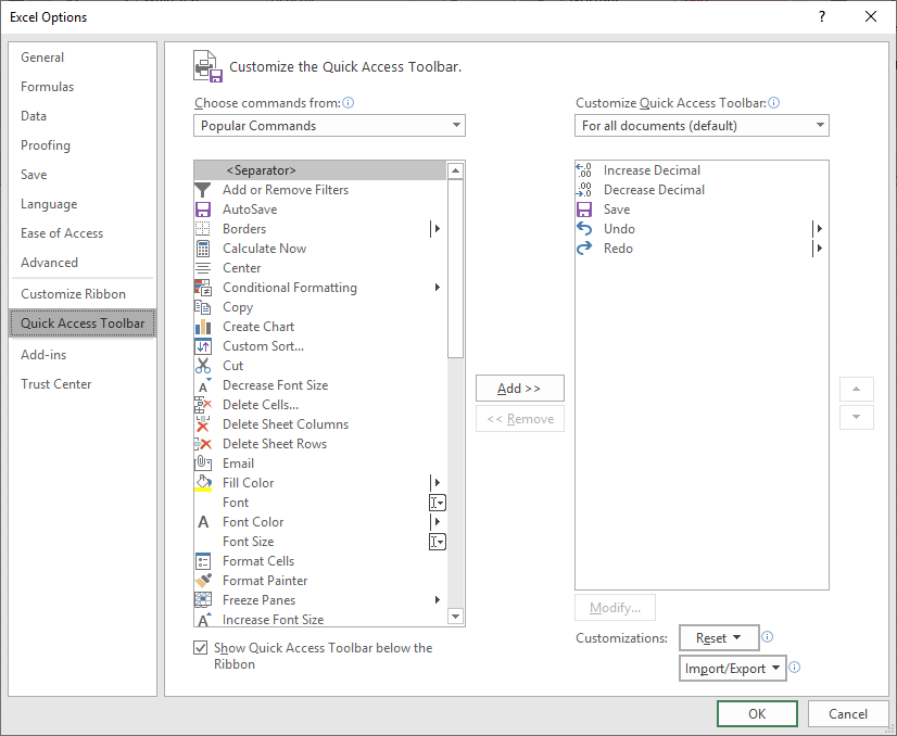 Microsoft Excel Options dialog box for the Customize Quick Access Toolbar category.