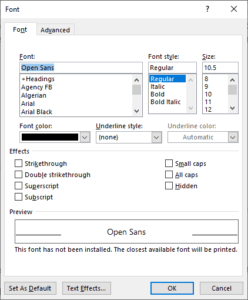 Font dialog box in Microsoft Word with strikethrough format.