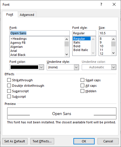 Font dialog box in Microsoft Word with strikethrough format.
