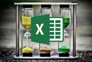 Hourglasses and Excel iicon indicating saving time in Excel selecting in tables using shortcuts.