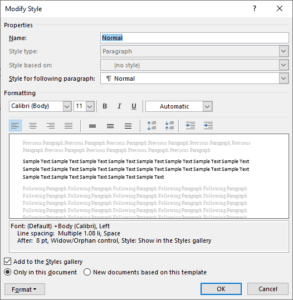 Modify style dialog box in Microsoft Word.