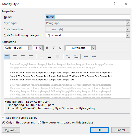 Changing the Normal Style to double space by modifying the style in the Modify Style dialog box in Word to change paragraph to double space.