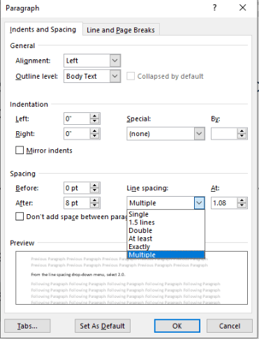 Paragraph dialog box in Word to change to double space.