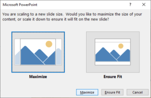 PowerPoint dialog box that appears when you change slide size.