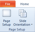 Page setup button on the Design tab in PowerPoint 2010 to change slide size.