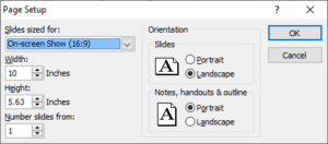 Page setup dialog box in PowerPoint to change slide size.