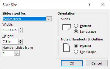 PowerPoint Slide Size dialog box to change slide size in 2013, 2016, 2019 and 365.