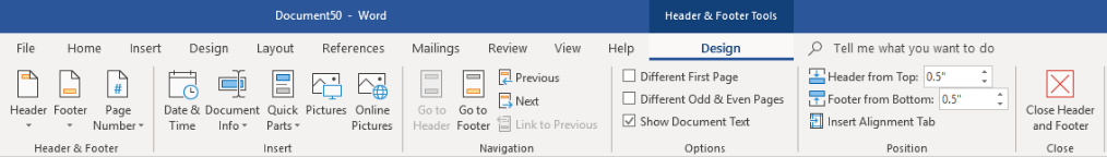 Add page numbers in Word using Header & Footer Tools Design Tab in the Ribbon.