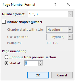 Page number format dialog box in Word to restart numbering.