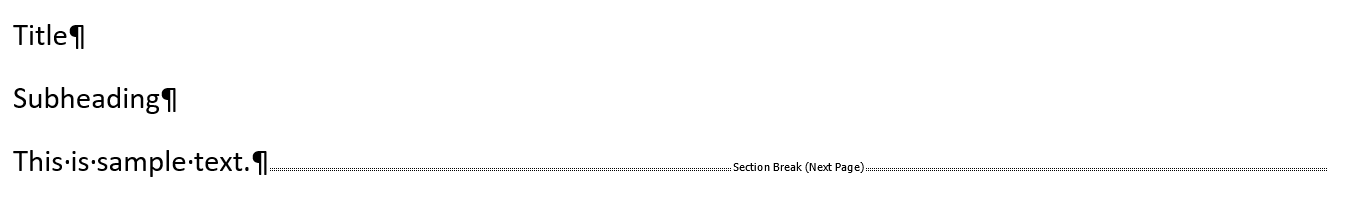 Sample section breaks in Word document with show hide paragraph symbols on.