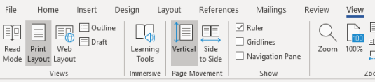View tab in Word with Draft and Print Layout to display section breaks.