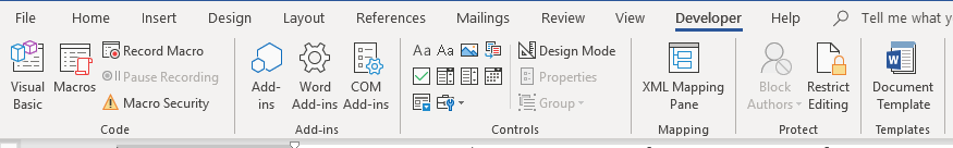Developer tab in Microsoft Word with document template command.
