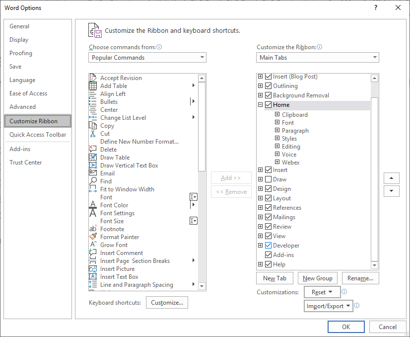 Microsoft Word Options dialog box with Developer option selected.