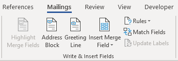 Address block for mail merge in Microsoft Word.
