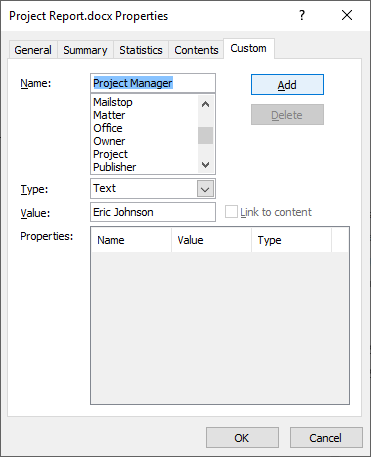 Advanced properties dialog box to add custom field in Microsoft Word.