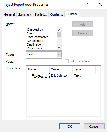 Advanced properties dialog box in Micorsoft Word with custom property added.