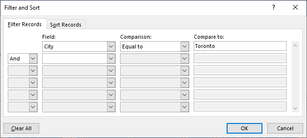 Filtering dialog box in Word for mail merge for form letters.