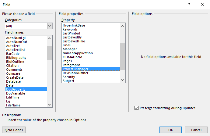 Insert field dialog box in Microsoft Word to add a custom field.