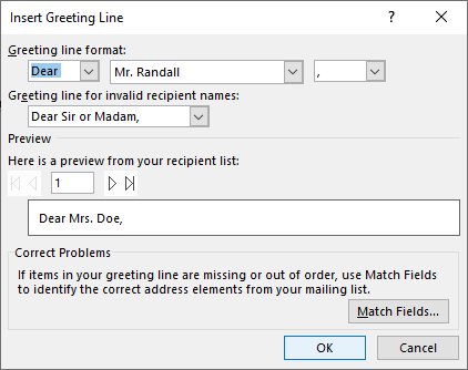 Insert greeting line dialog box in Word for form letters.