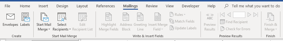Mailings tab in the Ribbon in Microsoft Word for mass mailings.