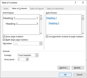 Customize table of contents dialog box in Microsoft Word.