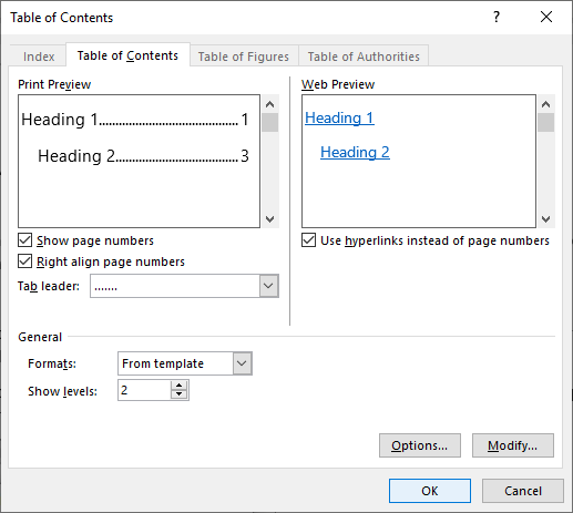 Table of contents dialog box in Word to insert or create a table of contents.