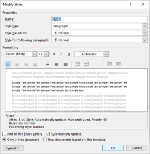 Modify Style dialog box in Word to modify a table of contents heading level.