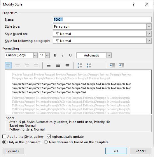 Modify Style dialog box in Word to modify a table of contents heading level.