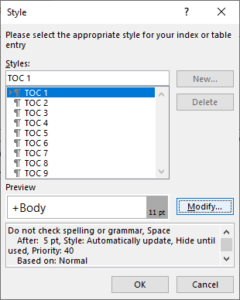 Modify TOC styles dialog box in Word.